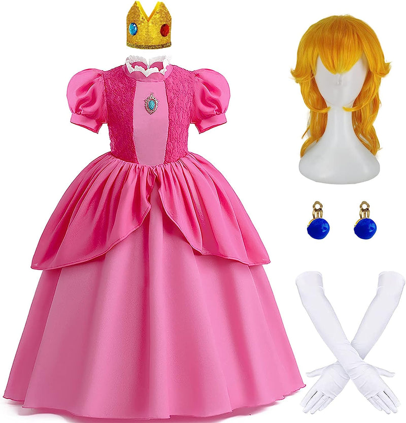 Enccfoeo Princess Peach Costume Dress Girls Kids with Crown Wig Gloves and Earrings Super Brother Cosplay Halloween Costumes  Enccfoeo   