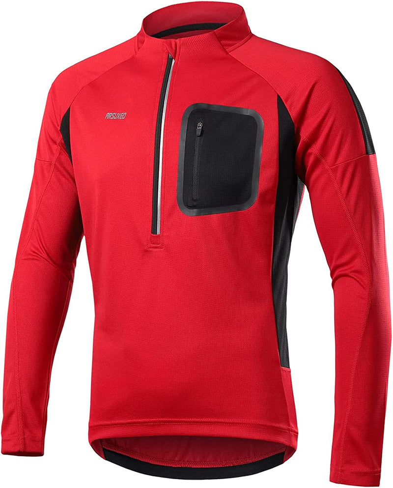 ARSUXEO Pullover Cycling Jersey Mens Long Sleeves Mountain Bike Shirt Biking Clothing 4 Pockets Sporting Goods > Outdoor Recreation > Cycling > Cycling Apparel & Accessories ARSUXEO Red X-Large 