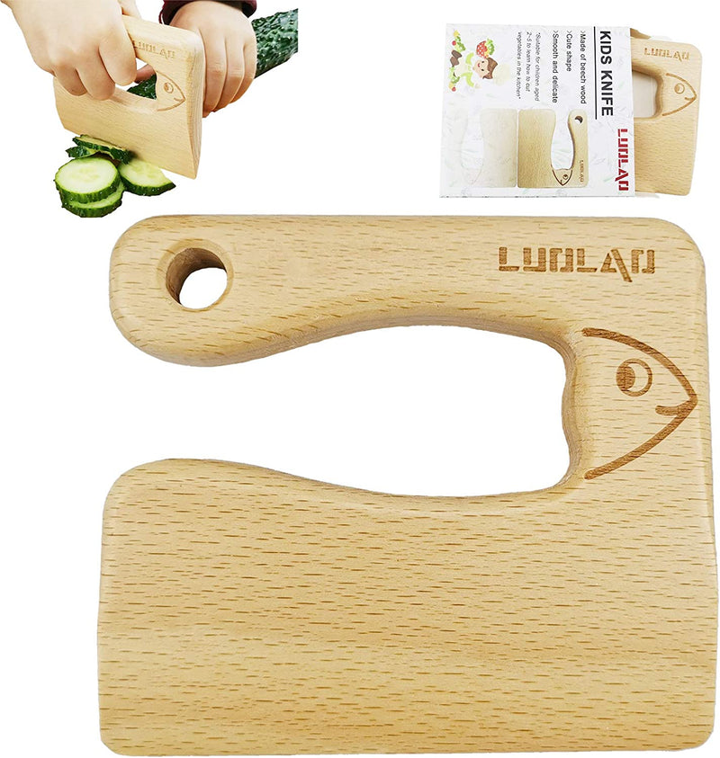 LUOLAO Wooden Kids Knife for Cooking and Safe Cutting Veggies Fruits, Cute Fish Shape Kids Kitchen Tools, 2-5 Years Old Applicable