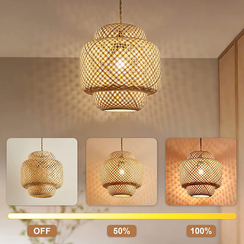 Yarra Decor Rattan Pendant Light with Dimmable Switch, 15Ft Hemp Cord Handwoven Boho Bamboo Rattan Lamp Shade Plug in Hanging Light, Rattan Light Fixture for Kitchen Island,Dining Room(Bulb Included)1