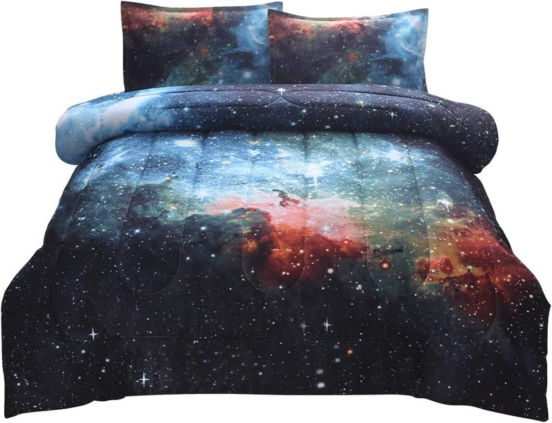 Jqinhome Twin Galaxy Comforter Sets 5 Piece Bed in a Bag, Outer Space Themed Bedding for Children Boy Girl Teen Kids - (1 Comforter, 1 Flat Sheet, 1 Fitted Sheet, 1 Pillowsham, 1 Cushion Cover)