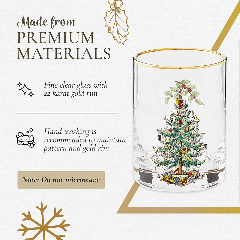 Spode Christmas Tree Glass, Double Old Fashion (DOF) Glasses, Gold Rimmed, 14-Ounce,Classic Holiday Design, Serve Whiskey, Creamy Eggnog or Other Beverages-Set of 4