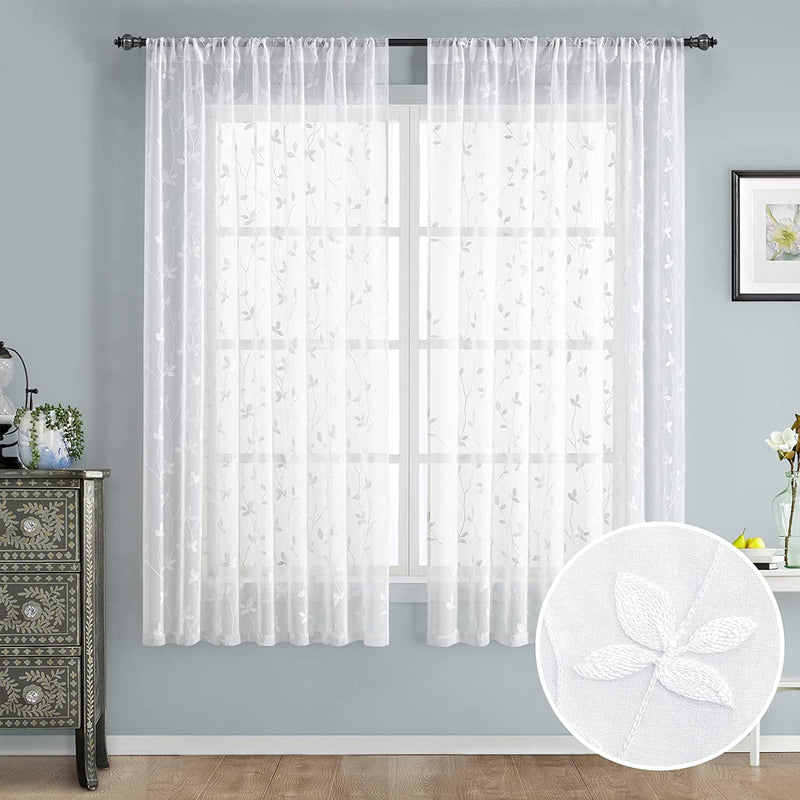 HOMEIDEAS White Sheer Curtains 52 X 63 Inches Length 2 Panels Embroidered Leaf Pattern Pocket Faux Linen Floral Semi Sheer Voile Window Curtains/Drapes for Bedroom Living Room Home & Garden > Decor > Window Treatments > Curtains & Drapes HOMEIDEAS Vine White W52" X L63" 