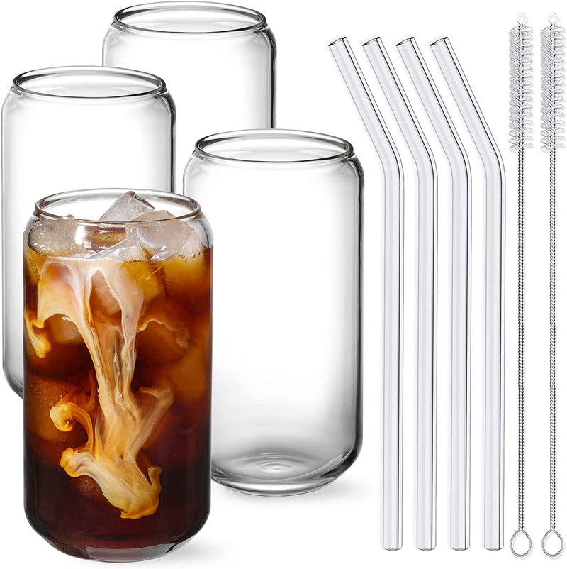 Drinking Glasses with Glass Straw 4Pcs Set - 16Oz Can Shaped Glass Cups, Beer Glasses, Iced Coffee Glasses, Cute Tumbler Cup, Ideal for Whiskey, Soda, Tea, Water, Gift - 2 Cleaning Brushes Home & Garden > Kitchen & Dining > Tableware > Drinkware NETANY   