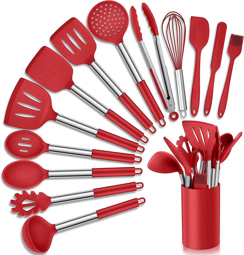 Homikit 27 Pieces Silicone Cooking Utensils Set with Holder, Kitchen Utensil Sets for Nonstick Cookware, Black Kitchen Tools Spatula with Stainless Steel Handle, Heat Resistant Home & Garden > Kitchen & Dining > Kitchen Tools & Utensils Homikit Red 14-Piece 