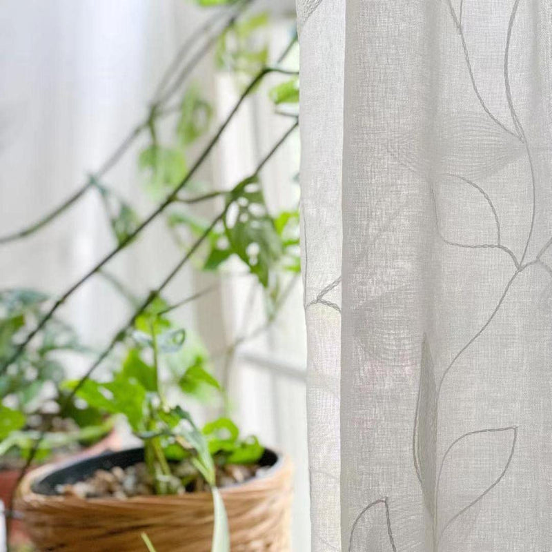 HOMEIDEAS White Sheer Curtains 52 X 63 Inches Length 2 Panels Embroidered Leaf Pattern Pocket Faux Linen Floral Semi Sheer Voile Window Curtains/Drapes for Bedroom Living Room Home & Garden > Decor > Window Treatments > Curtains & Drapes HOMEIDEAS   
