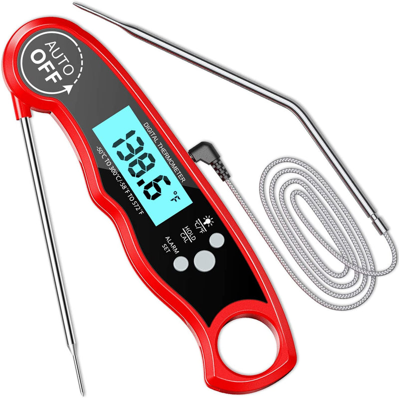 COMSOON Digital Meat Thermometer, Instant Read Cooking Thermometer with Dual Probe, Kitchen Food Thermometer with Alarm Setting, Backlight & Magnet for BBQ Grill Smoker Oven Oil Candy-Red