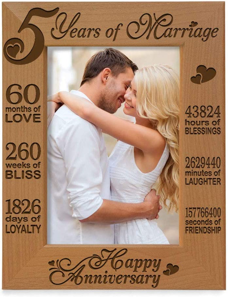 KATE POSH - 5 Years of Marriage Photo Frame - Happy 5Th Wood - Engraved Natural Solid Wood Picture Frame (5X7-Horizontal) Home & Garden > Decor > Picture Frames Kate Posh 5x7-Vertical (Happy Anniversary)  