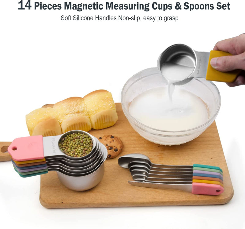 Magnetic Measuring Cups and Spoons Set, Stainless Steel Metal Stackable Nesting Measure Cups,Teaspoon, Tablespoon, 14 Pcs Silicone Handle Kitchen Cooking & Baking Tools, 7 Cups & 6 Spoons &1 Leveler