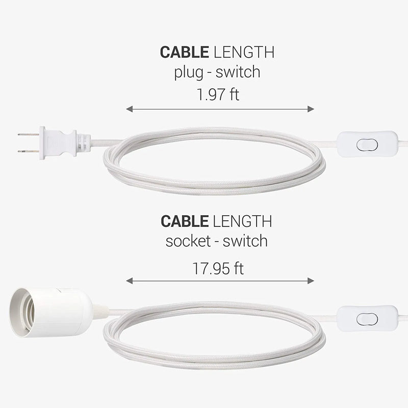 Kwmobile Plug-In Light Cord - 20Ft Long Fabric Pendant Lamp Cable with Plug, E26 Socket - for Hanging DIY Ceiling Lighting - White Home & Garden > Lighting > Lighting Fixtures kwmobile   