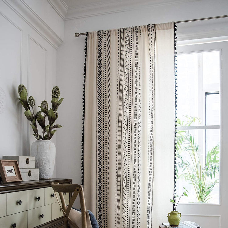 Hughapy Boho Curtains for Bedroom Bohemian Geometric Tassel Curtains Rod Pocket Cotton Linen Farmhouse Country Style Room Darkening Curtain Panel for Living Room, 1 Panel (59W X 87L, Cream) Home & Garden > Decor > Window Treatments > Curtains & Drapes Hughapy   