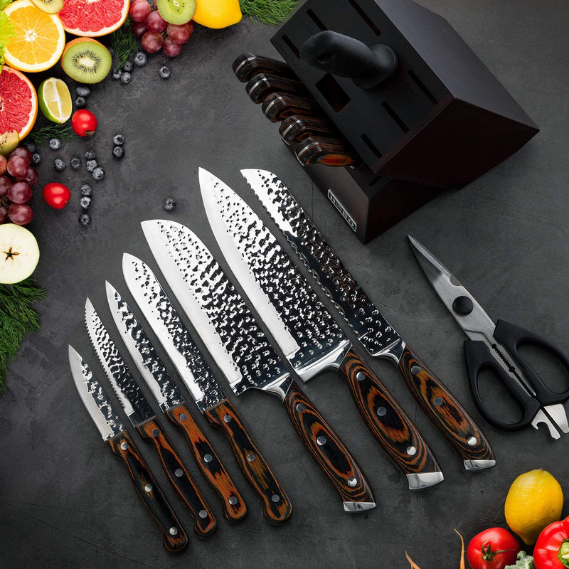 Kitchen Knife Set,15-Piece Knife Set with Block Wooden,Self Sharpening for Chef Knife Set,High Carbon Japan Stainless Steel Hammered Collection Knife Block Set with Steak Knives, Boxed Knife Sets