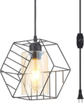 YLONG-ZS Hanging Lamps Swag Lights Plug in Pendant Light with On/Off Switch Wire Caged Hanging Pendant Lamp,Bronze Finish with Amber Glass Inner Shade Home & Garden > Lighting > Lighting Fixtures YLONG-ZS Yl28-black  