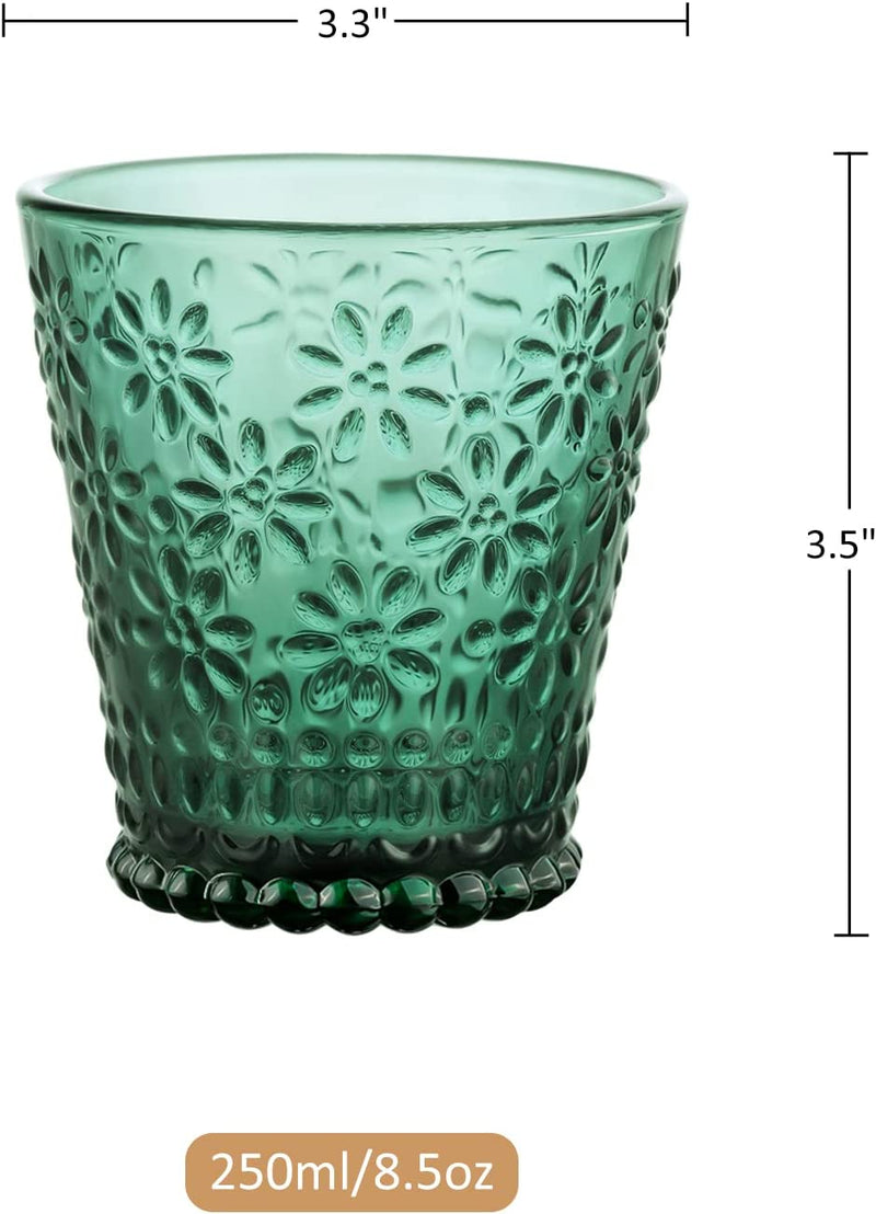 Joeyan Small Water Juice Glass Cups,Vintage Green Colored Drinking Glasses,Pretty Embossed Kitchen Glassware Set,Cute Floral Cup for Soda Lemonade Cocktail Wine,6 Pack,8.5 Oz,Dishwasher Safe
