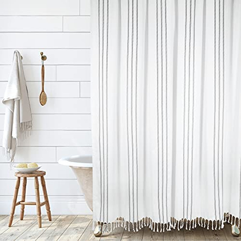 HALL & PERRY Modern Transitional White Stripe Shower Curtain with Tassels - Vertical Black Lines Striped 100% Cotton, 72" X 72" Sporting Goods > Outdoor Recreation > Fishing > Fishing Rods HALL & PERRY White 84"x72" 