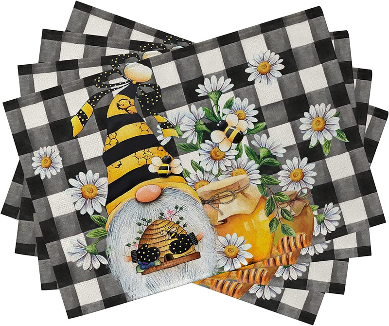 Seliem Spring Bee Gnome Table Runner, Honey Black White Buffalo Plaid Check Home Kitchen Dining Decor, Summer Seasonal Farmhouse Daisy Decorations Indoor Outdoor Anniversary Party Supply 13 X 72 Inch Home & Garden > Decor > Seasonal & Holiday Decorations Seliem Placemats 12''X18''  