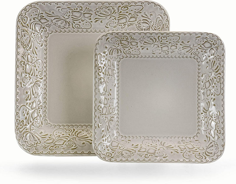 Elama Contemporary Square Embossed Stoneware Dinnerware Dish Set, 16 Piece, Ivory White