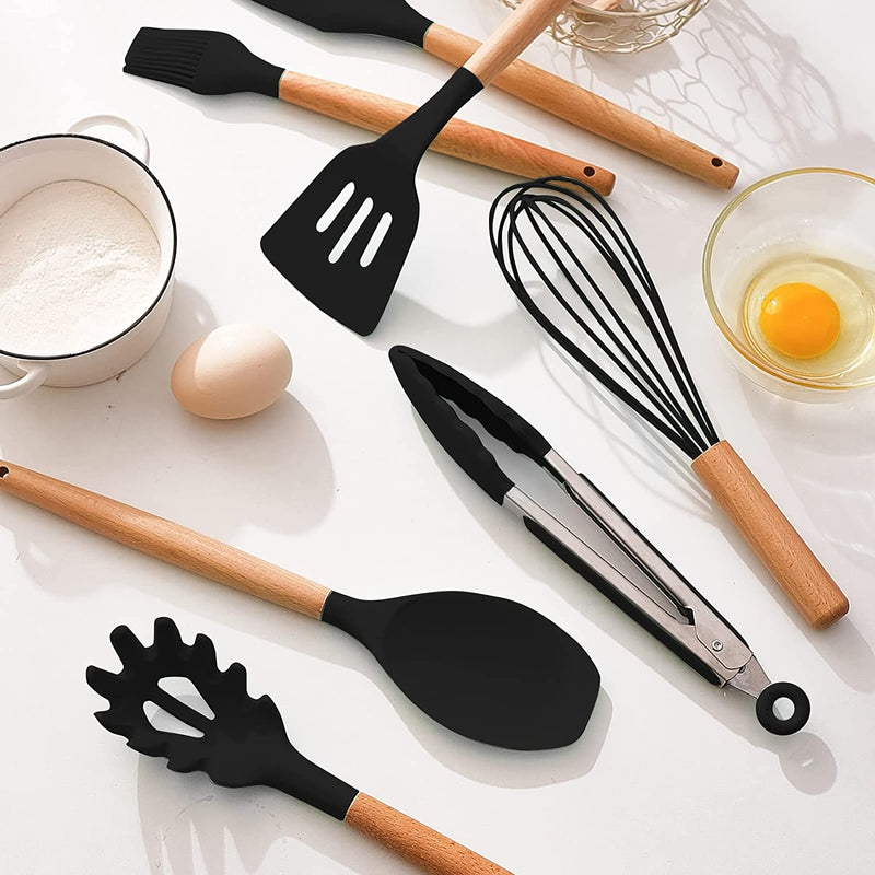 Kitchen Tools Silicone Kitchenware 13 Piece Sets Non-Stick Pot Spatula Kitchen Tools Cooking Spatula Set (Black)(Bpa Free)