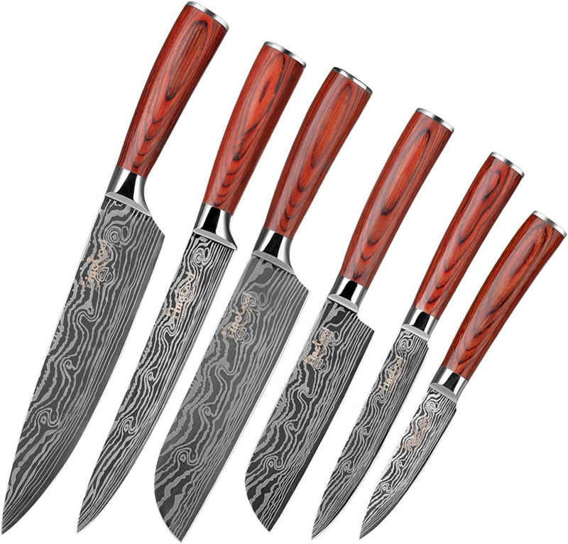 Kitchen Knife Sets, Finetool Professional Chef Knives Set Japanese 7Cr17Mov High Carbon Stainless Steel Vegetable Meat Cooking Knife Accessories with Red Solid Wood Handle, 6 Pieces Set Boxed Knife Home & Garden > Kitchen & Dining > Kitchen Tools & Utensils > Kitchen Knives FineTool   