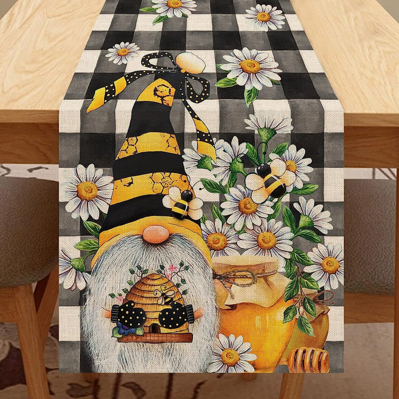 Seliem Spring Bee Gnome Table Runner, Honey Black White Buffalo Plaid Check Home Kitchen Dining Decor, Summer Seasonal Farmhouse Daisy Decorations Indoor Outdoor Anniversary Party Supply 13 X 72 Inch Home & Garden > Decor > Seasonal & Holiday Decorations Seliem 13‘’X90‘’  