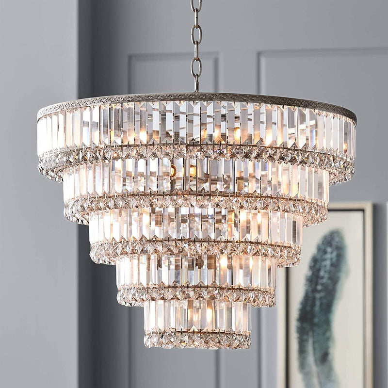 Magnificence Satin Nickel Chandelier 14 1/4" Wide Industrial Three Tier Crystal 7-Light Fixture for Dining Room House Foyer Entryway Kitchen Bedroom Living Room High Ceilings - Vienna Full Spectrum Home & Garden > Lighting > Lighting Fixtures > Chandeliers Vienna Full Spectrum 24.25" Wide  