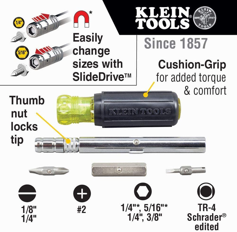 Klein Tools 32596 Multi-Bit Screwdriver /Nut Driver, Magnetic 8-In-1 HVAC Slide Drive Tool with Hex, Phillips, Schrader Bits, Nut Drivers Sporting Goods > Outdoor Recreation > Fishing > Fishing Rods Klein Tools   