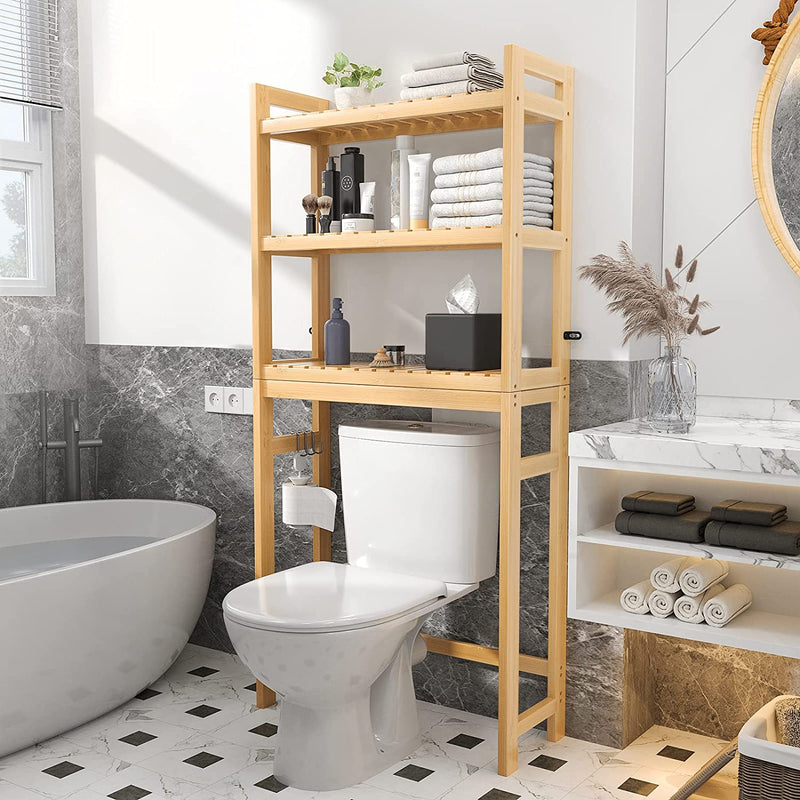 Homykic over the Toilet Storage, 3-Tier Bamboo Bathroom Shelf with 3 Hooks, above Toilet Organizer Rack Freestanding for Small Space, Restroom, Laundry, Easy Assembly, Natural Home & Garden > Household Supplies > Storage & Organization Homykic   