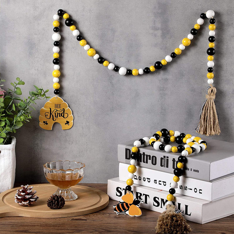 Jetec 2 Pieces Bee Wood Bead Garland with Tassels, Honeycomb Wood Bead Spring Summer Wooden Bead Garland Rustic Farmhouse Home Decorations for Tiered Tray Shelf Displays