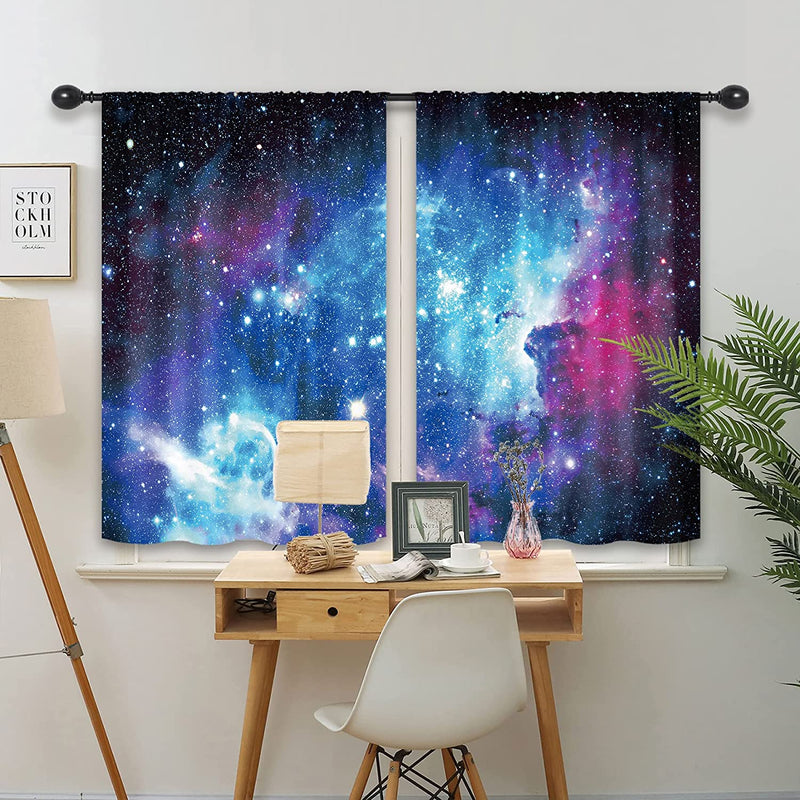 Riyidecor Galaxy Outer Space Nebula Curtains (2 Panels 42 X 63 Inch) Blue Rod Pocket Universe Planets Boys Fantasy Starry Black Art Printed Living Room Bedroom Window Drapes Treatment Fabric WW-CLLE Home & Garden > Decor > Window Treatments > Curtains & Drapes Pan na Blue 27.5Wx39H 