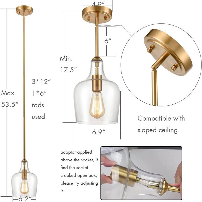 JEENKAE Modern Brass Glass Kitchen Pendant Lighting Rod-Hung Gold Pendant Light, 1-Light-1 Home & Garden > Lighting > Lighting Fixtures JK JEENKAE   