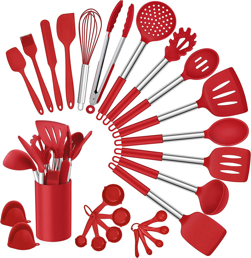 Homikit 27 Pieces Silicone Cooking Utensils Set with Holder, Kitchen Utensil Sets for Nonstick Cookware, Black Kitchen Tools Spatula with Stainless Steel Handle, Heat Resistant Home & Garden > Kitchen & Dining > Kitchen Tools & Utensils Homikit Red 27-Piece 