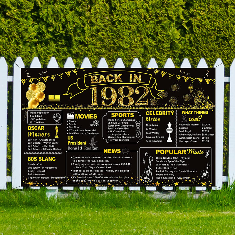 DARUNAXY 41St Birthday Black Gold Party Decoration, Back in 1982 Banner 41 Year Old Birthday Party Poster Supplies, Extra Large Fabric Vintage 1982 Backdrop Photography Background for Men and Women