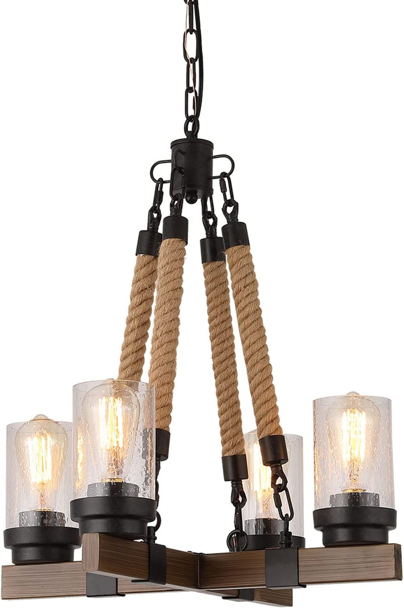 Eumyviv Wood Farmhouse Rustic Chandelier 4 Lights with Glass Shades, 22.8 Inches Industrial Dinning Table Pendant Lamp Vintage Edison Hanging Light Fixture, Brown & Black, C0075 Home & Garden > Lighting > Lighting Fixtures > Chandeliers Eumyviv Metal Wood Chandelier  
