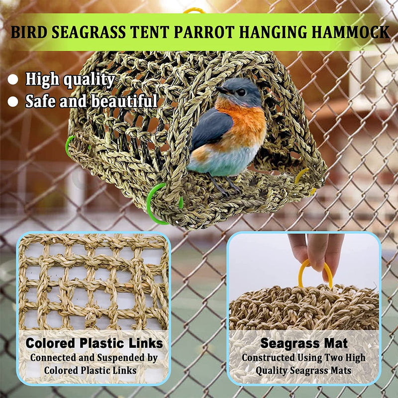 Kathson Bird Sheltering Seagrass Tent Birds Hanging Hammock Parrot Natural Seagrass Tent Snuggle Hut Parakeet Cage Perch Stand Cockatiel Chewing Toy for Conure Lovebird Budgie African Grey