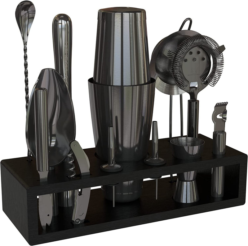 Highball & Chaser 13-Piece Boston Cocktail Shaker Set Stainless Steel Mixology Bartender Kit with Stand for Home Bar Cocktail Set | Laser Engraved Cocktail Tools | plus E-Book with 30 Cocktail Recipes
