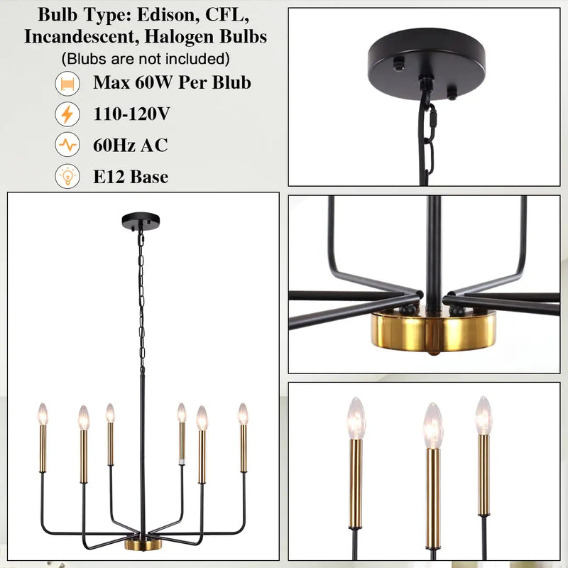 ZCHAOZ Modern Farmhouse Chandelier for Dining Room, 6 Lights Chandelier Light Fixture Adjustable Height, Black and Gold Hanging Candle Pendant Lighting for Kitchen Island Living Room Bedroom Foyer