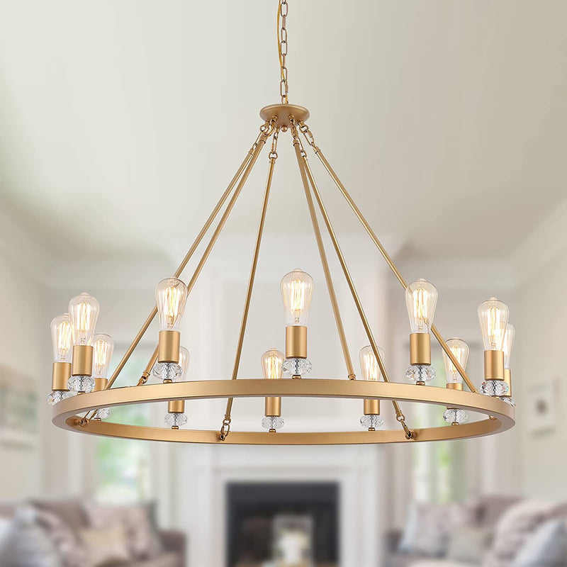 MEIXISUE Large Modern Wagon Wheel Chandelier Gold Metal round Luxury Industrial Country Chandelier Light Fixture for Dining Room Living Room Foyer Entryway W40.55 12-Lights UL Listed Home & Garden > Lighting > Lighting Fixtures > Chandeliers MEIXI 12-Lights gold  