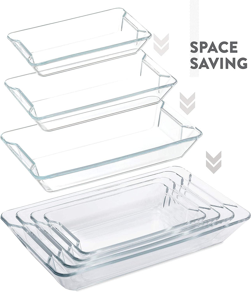 Superior Glass Casserole Dish Set - 4-Piece Rectangular Bakeware Set, Modern Unique Design Glass Baking-Dish Set - Grip Handles for Easy Carry from Hot Oven to Table, Nesting for Space-Saving Storage.