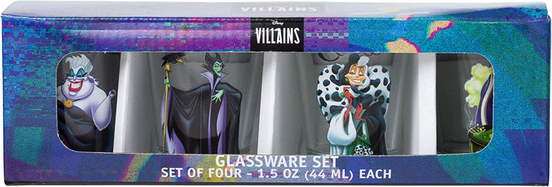 Silver Buffalo Disney Villains Queen, Cruella, Malificent, and Ursula 4-Pack Mini Glass Set, 1-Ounce