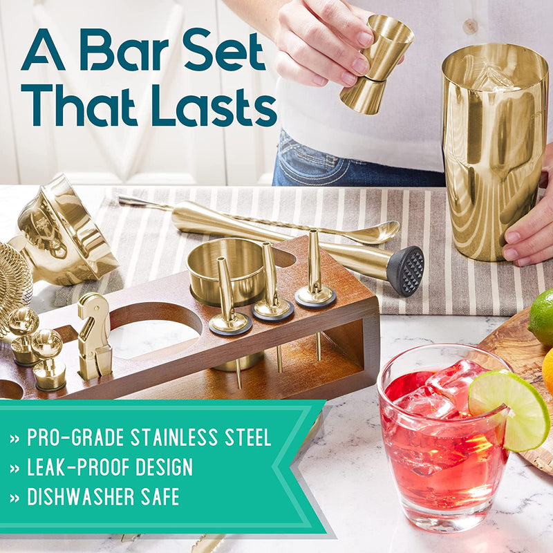 Mixology Bartender Kit: 23-Piece Bar Set Cocktail Shaker Set with Stylish Bamboo Stand | Perfect for Home Bar Tools Bartender Tool Kit and Martini Cocktail Shaker for Awesome Drink Mixing (Gold) Home & Garden > Kitchen & Dining > Barware Modern Mixology   