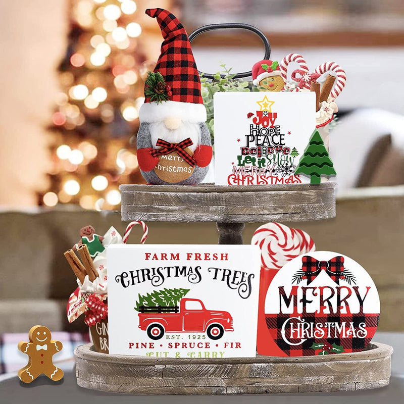 Husfou 6Pcs Christmas Decorations Indoor, Merry Christmas Tray Decoration with Gnomes Plush, Farmhouse Rustic Tiered Tray Wood Sign Decor Christmas Tabletop Signs for Xmas Winter Home Party Decor  Husfou   