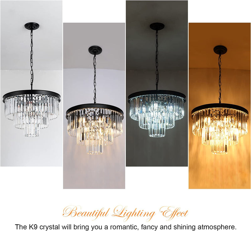 Weesalife Modern Crystal Chandeliers Contemporary Ceiling Lights Fixtures 9 Lights Farmhouse Pendant Lighting Dining Room Living Room 3-Tier Chandelier W19.7 Inches, Black Home & Garden > Lighting > Lighting Fixtures > Chandeliers ZYuan Lighting   