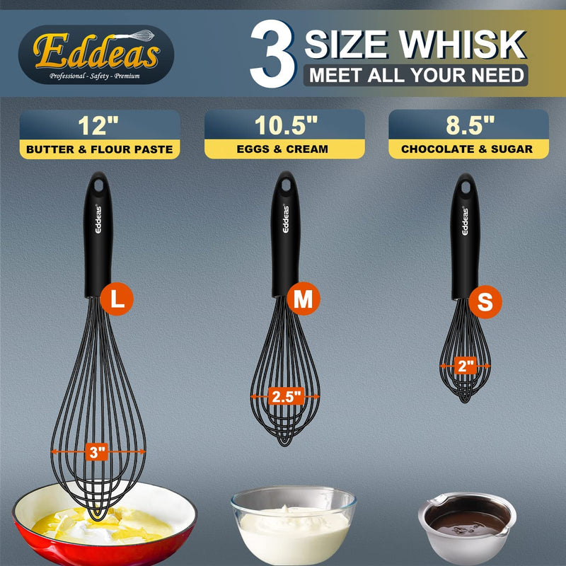 Silicone Whisk, Eddeas Stainless Steel & Silicone Non-Stick Coated Whisks Set of 3--Heat Resistant Kitchen Whisks, Balloon Egg Beater Perfect for Blending, Whisking, Beating & Stirring, Black