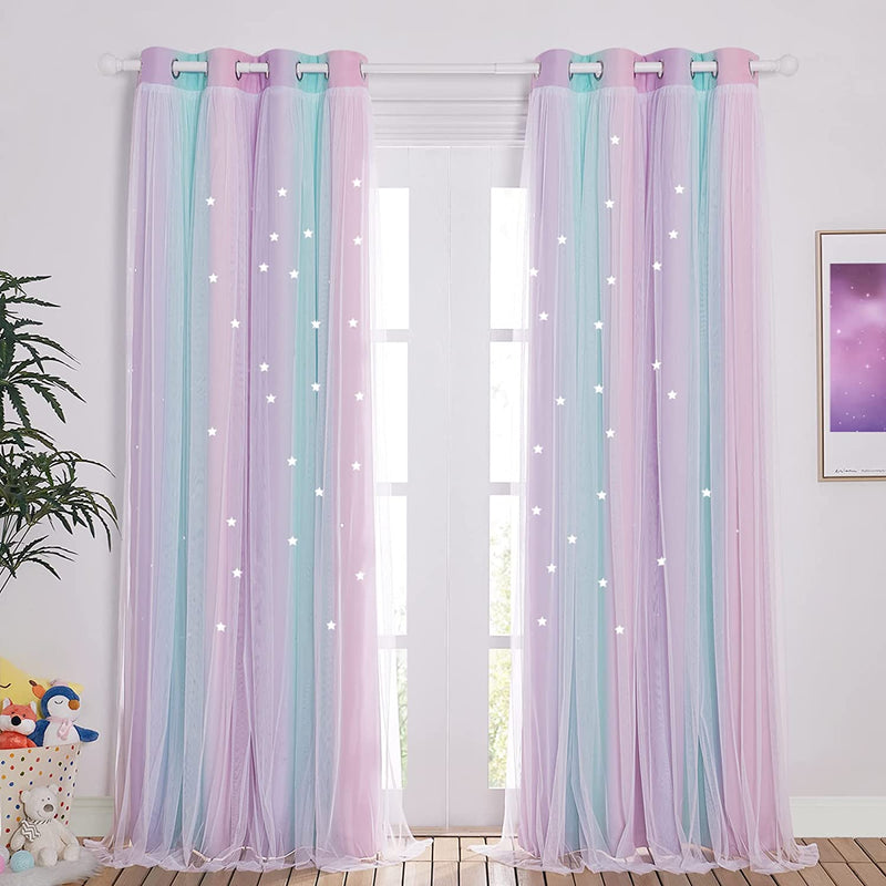 NICETOWN Stars and Moon Hollow-Out Blackout Curtains for Kids Room / Nursery, Grommet Top 2 Layer Window Treatment Curtain Panels for Living Room / Thanksgiving (2-Pack, W52 X L84 Inches, Navy Blue) Home & Garden > Decor > Window Treatments > Curtains & Drapes NICETOWN Blue & Purple & Pink W52 x L84 