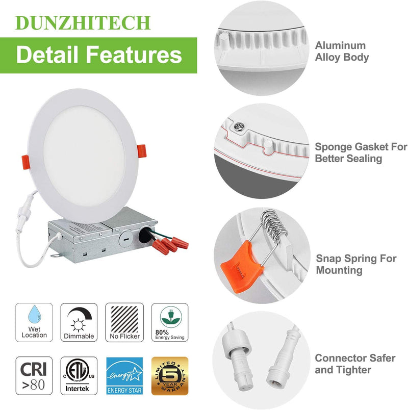 DUNZHITECH 1 Pack 6 Inch Ultra Thin Led Recessed Lights 12W=110W Eqv 3000K Warm 1100LM High Brightness White LED Ceiling Slim Downlight Dimmable Airtight Junction Box Canless IC Rated ETL