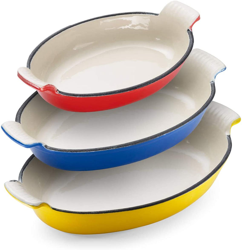 Klee Enameled Cast Iron Pan | Lasagna Pan, Large Roasting Pan, Tundra Collection, Casserole Dishes for the Oven | Oval Casserole Dish Set of 3 Home & Garden > Kitchen & Dining > Cookware & Bakeware Klee Yellow, Blue, Red  
