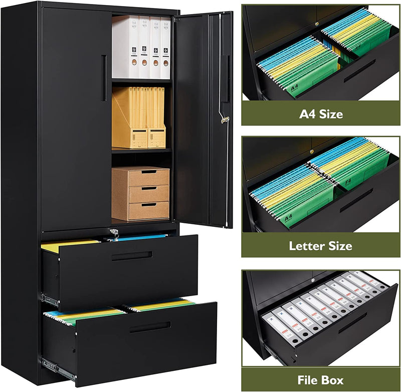 HEYCODE File Cabinet with 2 Drawers - Metal Vertical Lateral Filing Storage Cabinet with Lock - Storage Cabinet with File Cabinet for Home Office Hanging Files Legal/Letter/A4 Size (Black, 2 Drawers) Home & Garden > Household Supplies > Storage & Organization heycode   
