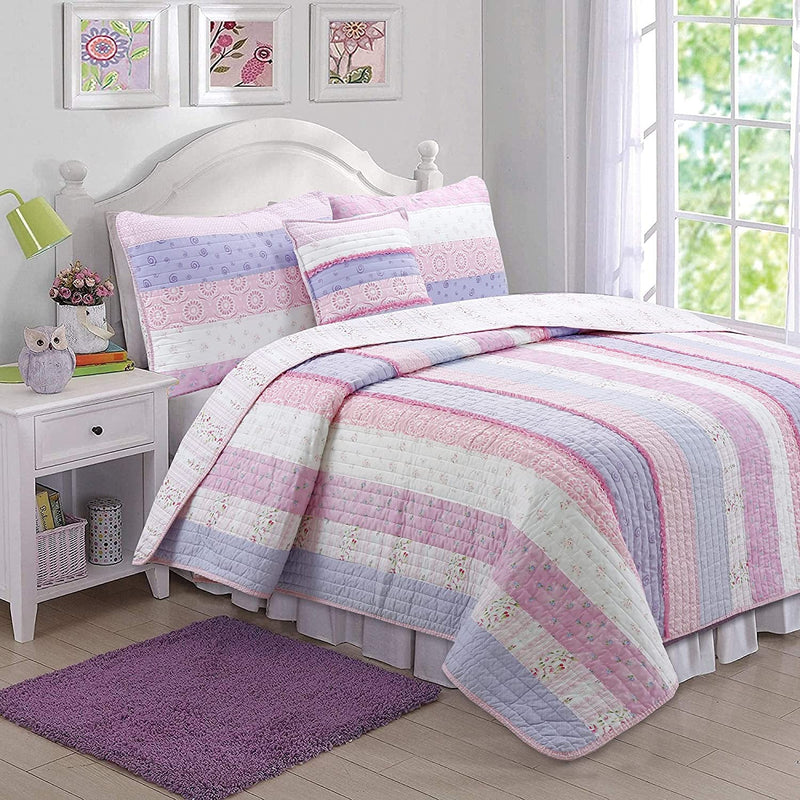 Cozy Line Home Fashions Colorful Striped Ruffle Floral 100% Cotton Reversible Girl Quilt Bedding Set, Reversible Coverlet Bedspread (Rainbow, Queen - 3 Piece) Home & Garden > Linens & Bedding > Bedding Cozy Line Home Fashions Pink Ruffle Queen 