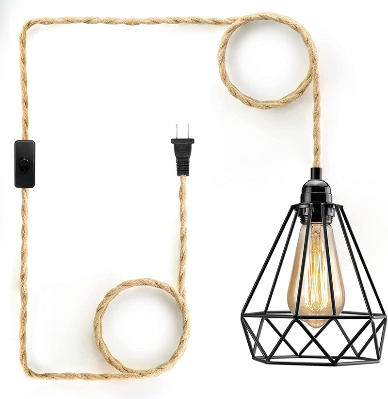 Plug in Pendant Light Hanging Lamp with On/Off Switch 15Ft Hemp Rope Cord, Black Cage Pendant Light Fixture, Hanging Lights with Plug in Cord Pendant Lamp for Living Room Bedroom Kitchen Island Home & Garden > Lighting > Lighting Fixtures WimiSom   