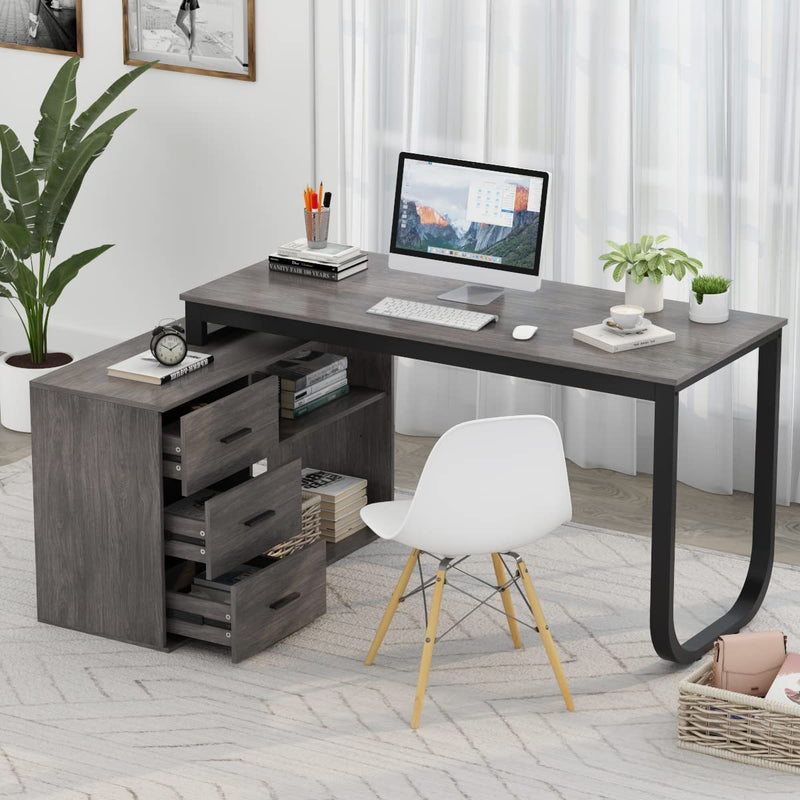 FUFU&GAGA Large 55.1" L-Shaped Office Desk with 41.3" File Cabinet, Corner Computer Desk with 3 Drawers & 2 Shelves, Workstation Executive Desk with Storage Shelf for Home Office - Grey Home & Garden > Household Supplies > Storage & Organization FUFU&GAGA   